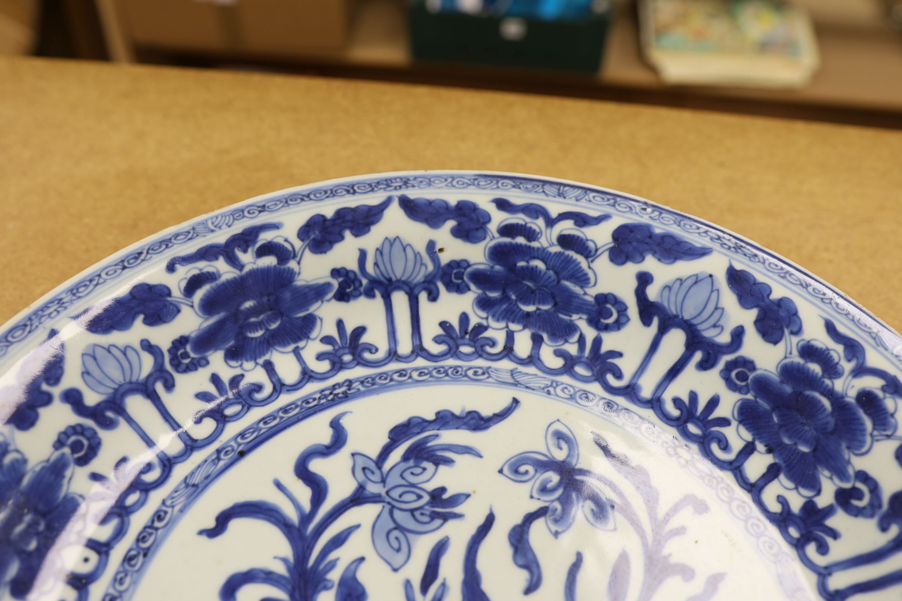 A Chinese blue and white ‘lotus’ dish, Kangxi period, 35cm